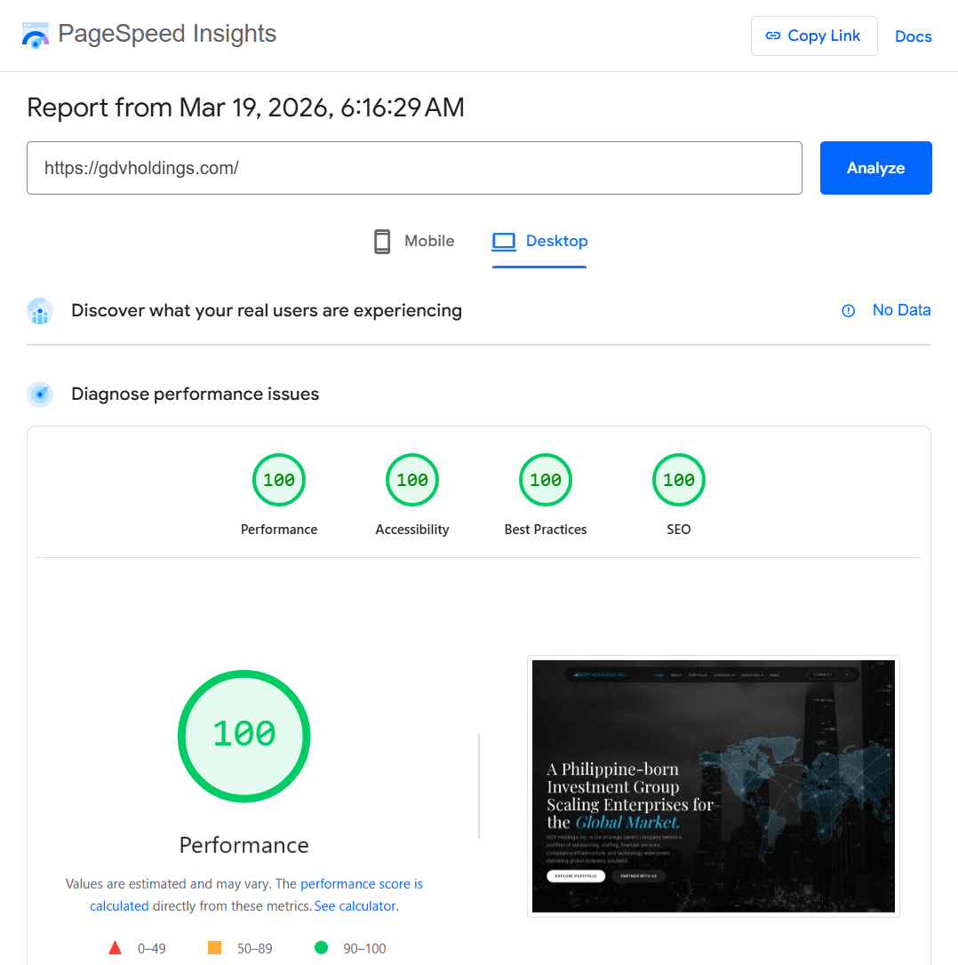 Google PageSpeed Insights desktop results for gdvholdings.com, 100 Performance, 100 Accessibility, 100 Best Practices, 100 SEO