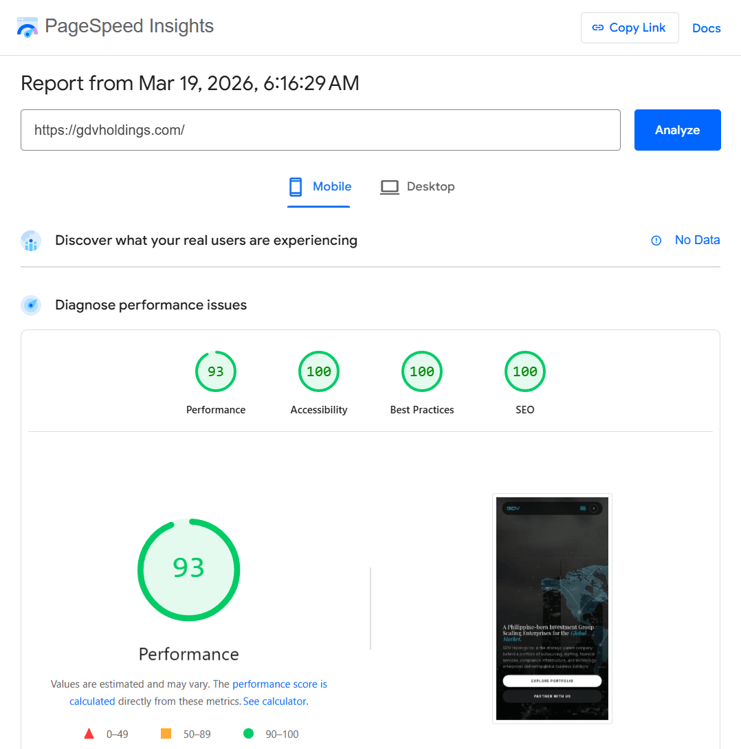 Google PageSpeed Insights mobile results for gdvholdings.com, 93 Performance, 100 Accessibility, 100 Best Practices, 100 SEO