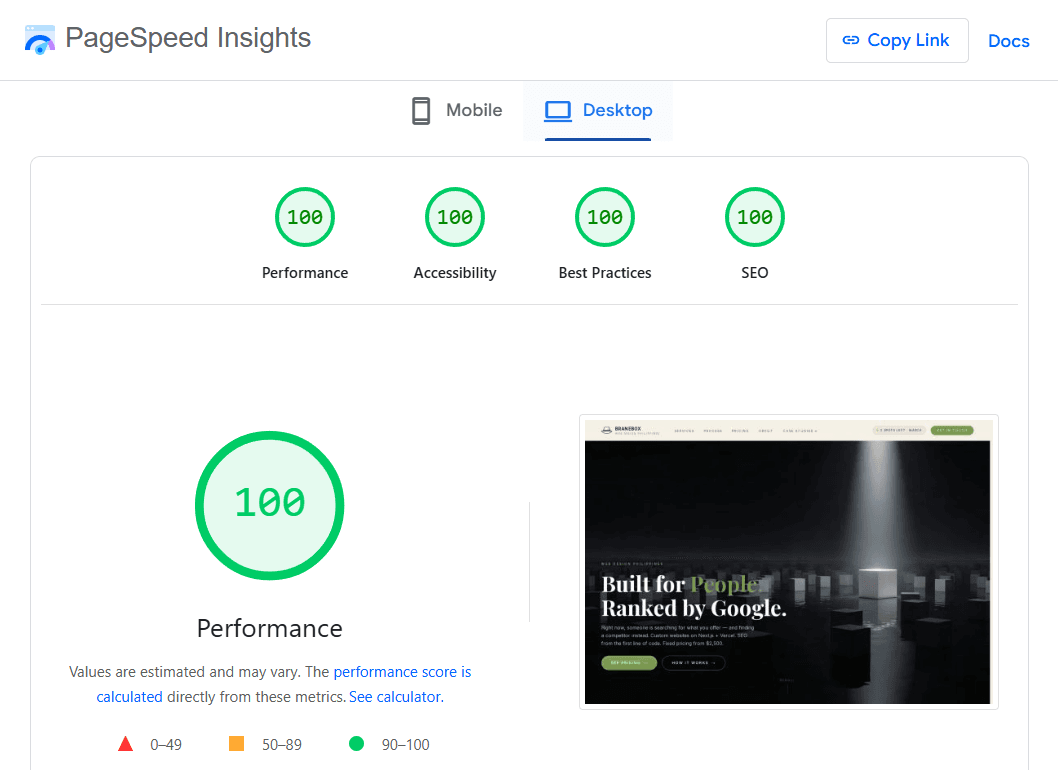 BraneBox scoring 100/100 on PageSpeed Insights for Performance, Accessibility, Best Practices, and SEO