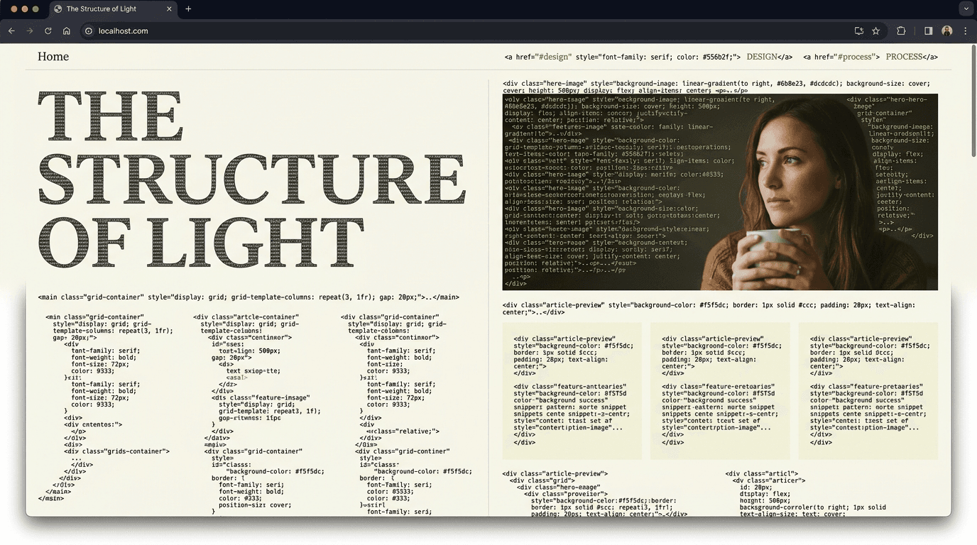 A website viewed two ways, as a visitor sees it and as raw code