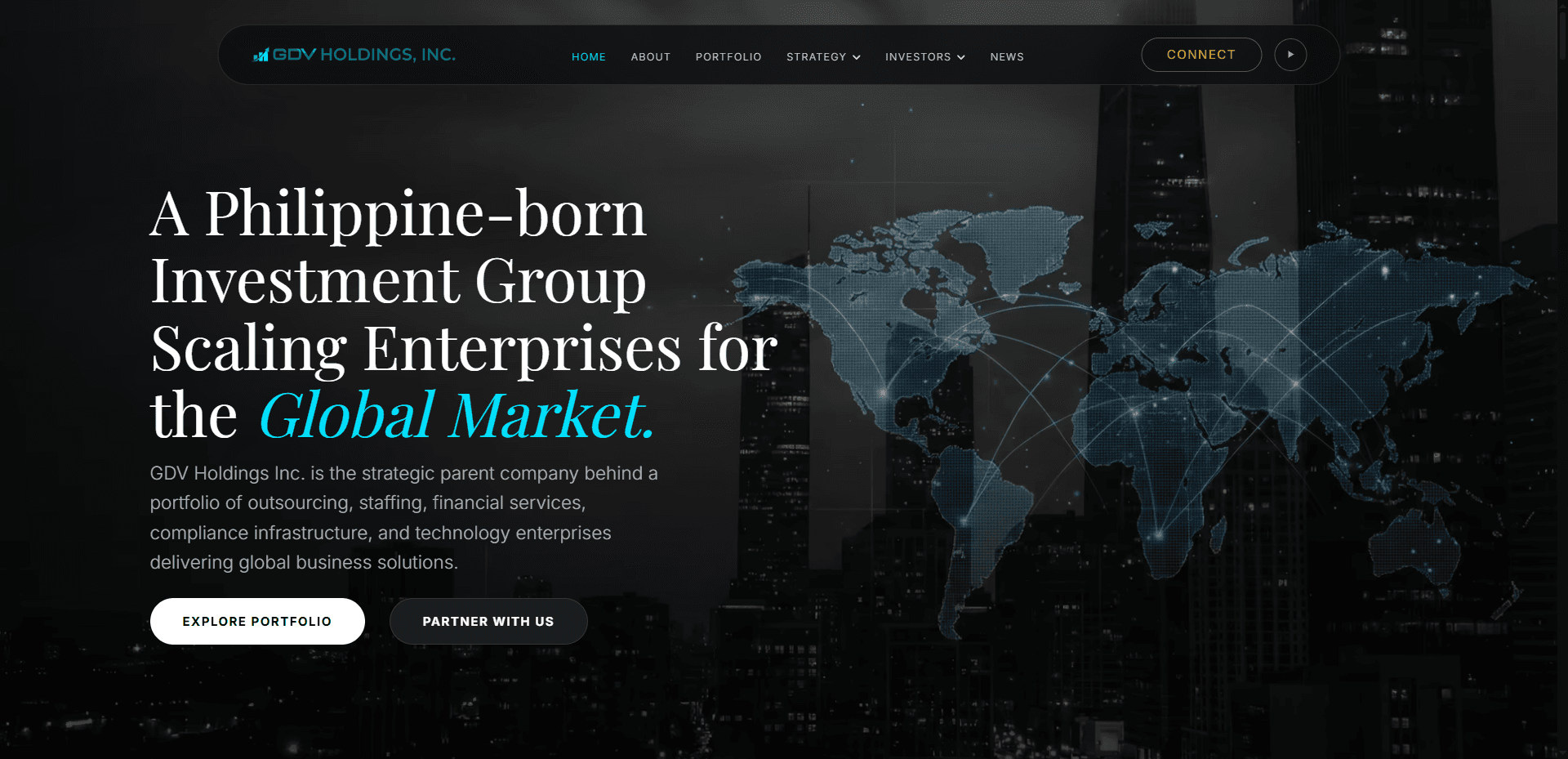 GDV Holdings Inc. corporate website homepage — designed and built by BraneBox