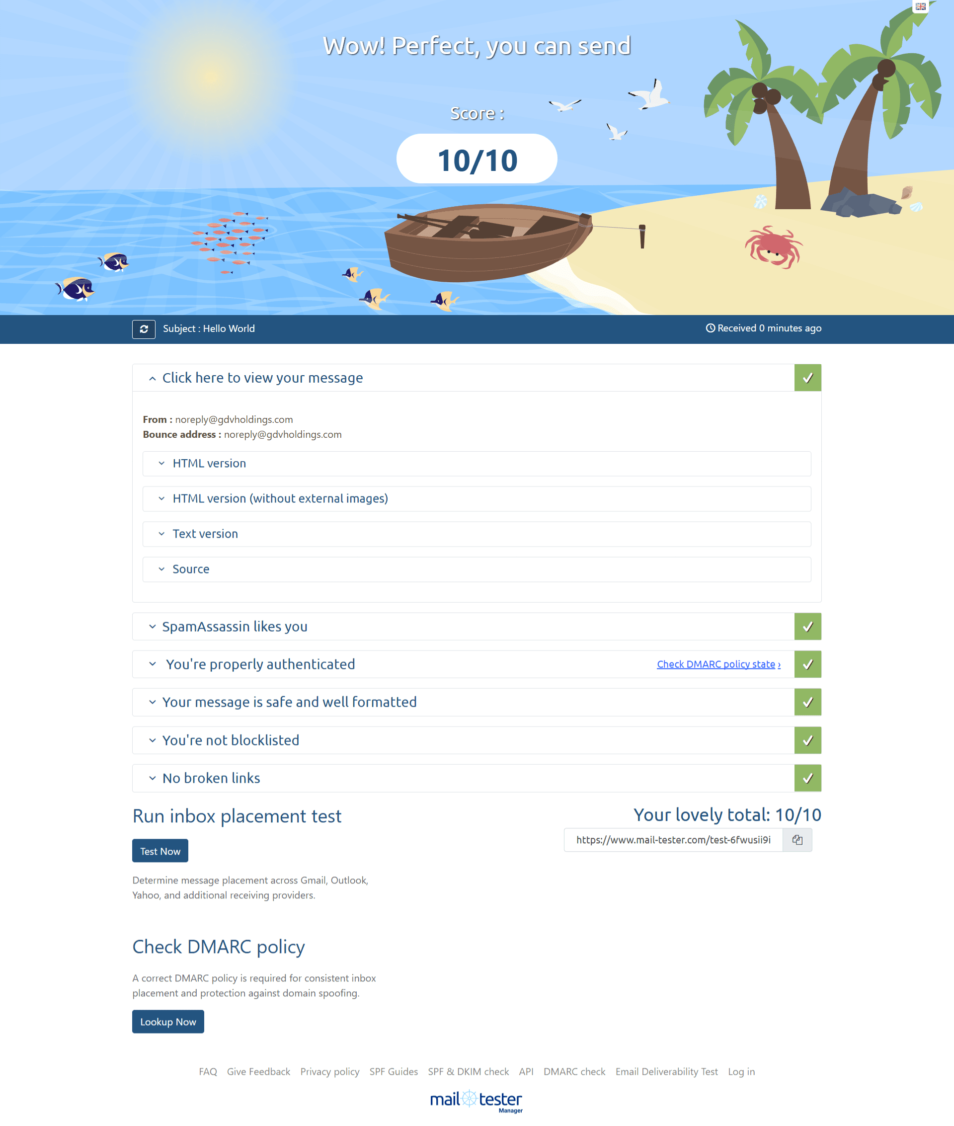 mail-tester.com results showing a perfect 10/10 score for GDV Holdings professional email